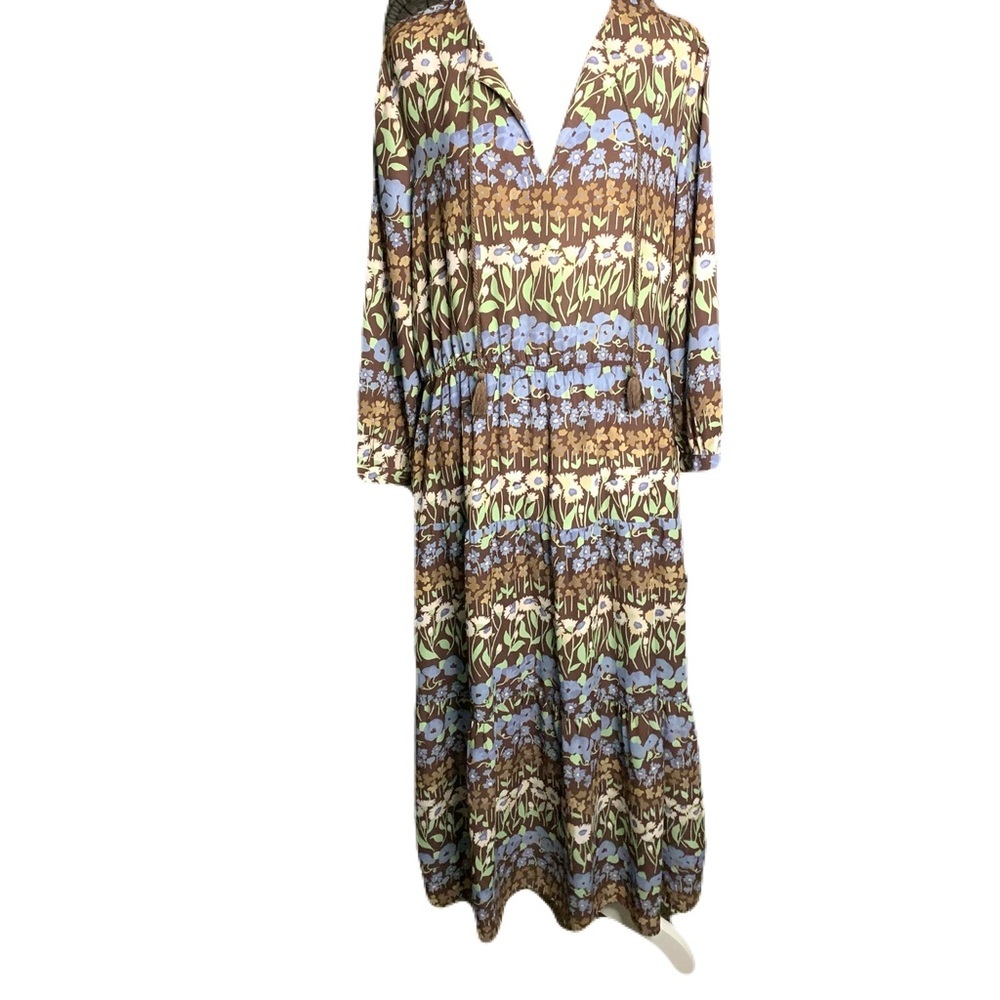 J. McLaughlin Large Blue Brown Floral Print Hortense Midi Dress with Pockets